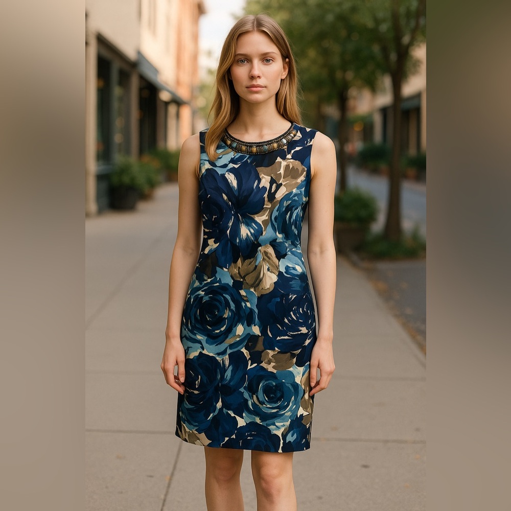Connected Apparel Blue and Brown Floral Mini Dress‎
